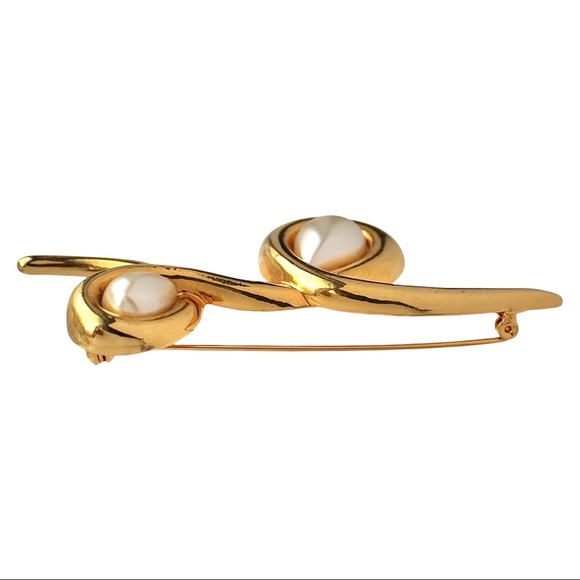 Vintage Costume Pearl Brooch Gold Plated Large Abstract Modernist Loop Knot - Picture 4 of 4
